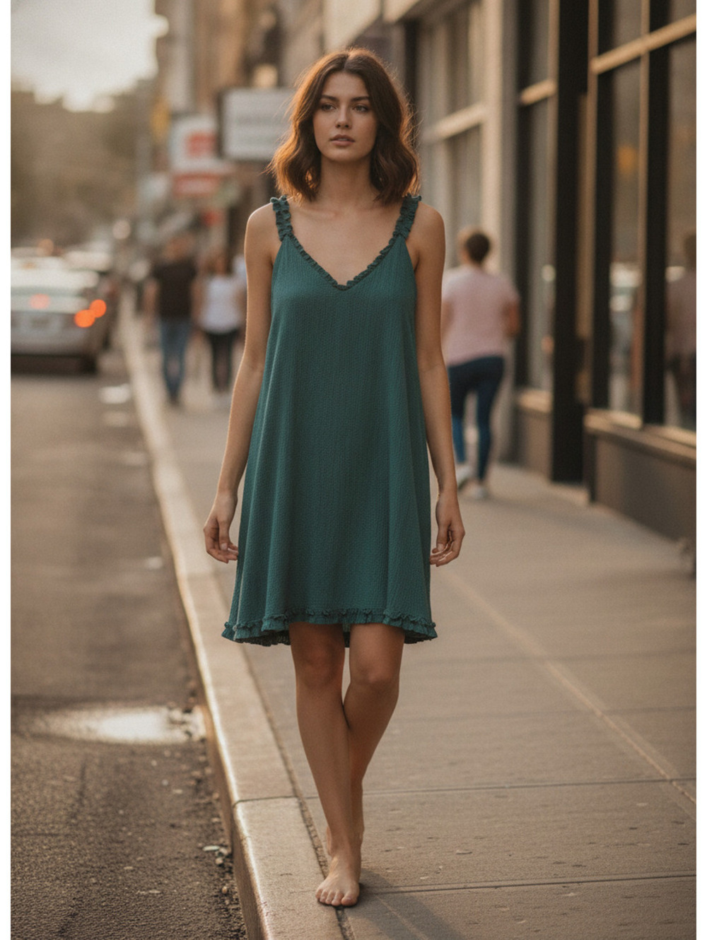 The Impeccable Pig Green Midi Ruffle Trim Sleeveless Dress size Large
